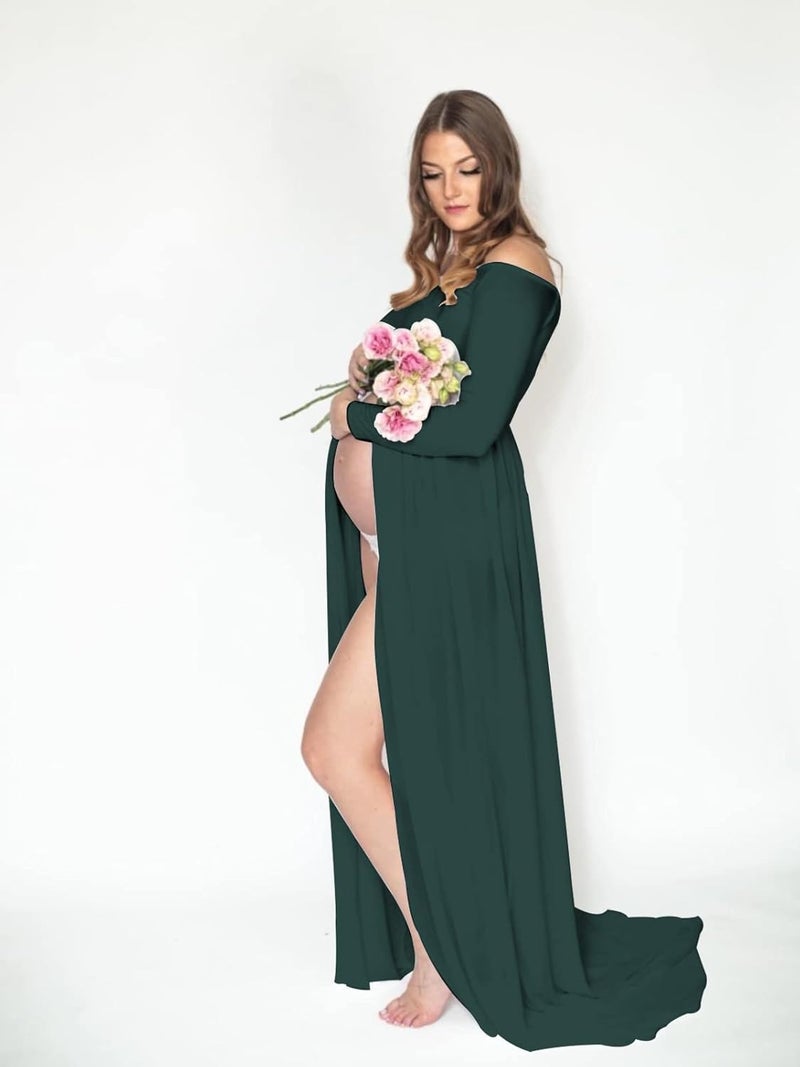 YnimioAOX Women's Off Shoulder Long Sleeve Maternity Dress for Photography Chiffon Maternity Gown for Photoshoot - Image 3